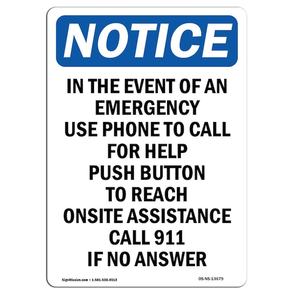 Safety Sign, OSHA Notice, 5" Height, In The Event Of An Emergency Use Sign, Portrait, 10PK